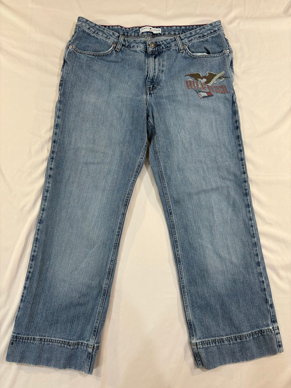 2002 Y2K Tommy Hilfiger Eagle Print Wide Leg Big Hem Ankle Jeans Size 14